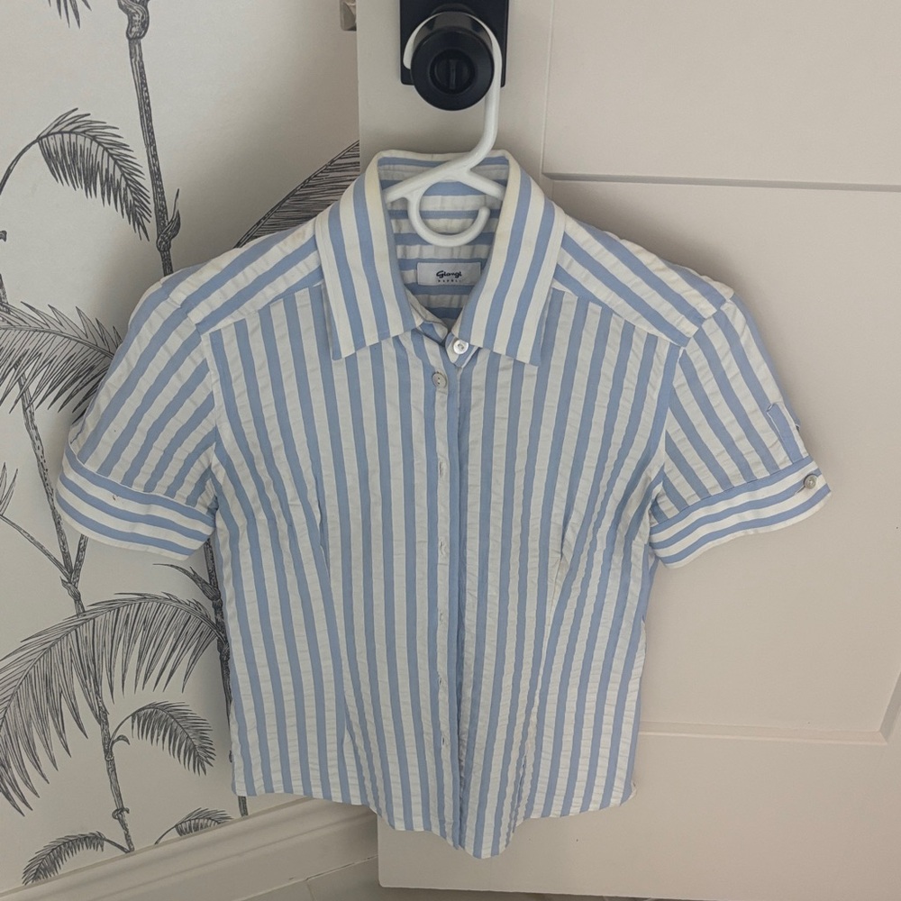 Blue and White Striped Seersucker Shirt